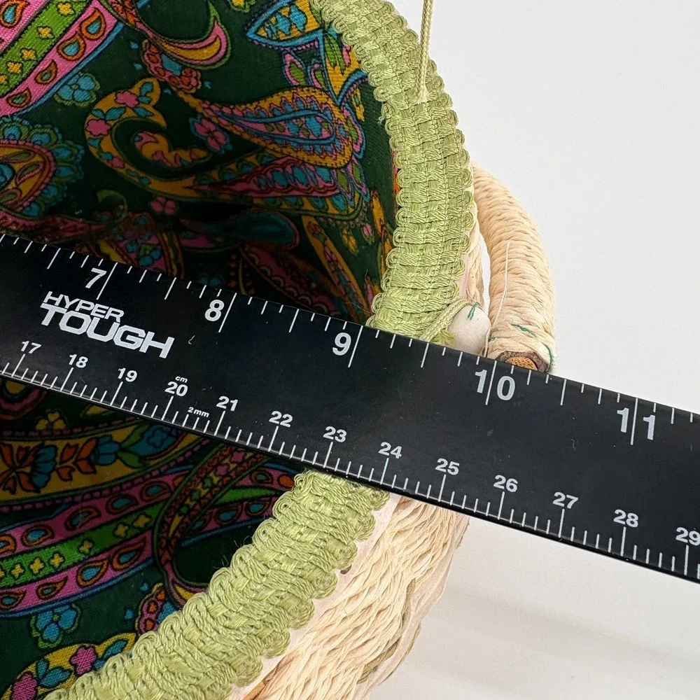 Vintage 1960s Sewing Woven Basket Green Pink  Paisley Fabric Handle Tray Japan